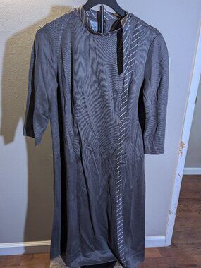 Vintage Nelly Don Gray 3/4 Sleeve Mod Dress w/ Striped Ribbon, Tie Detail